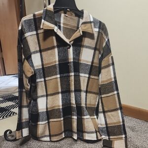 Plaid Button-Up Shirt in Black, White, and Tan